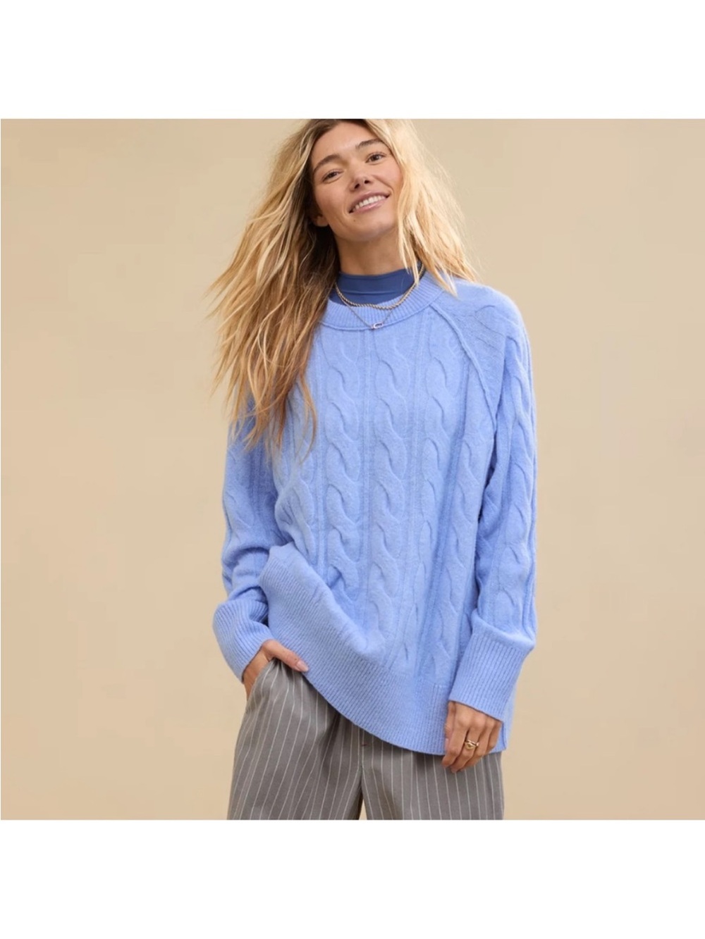 Aerie unREAL Cable Crew Sweater in Ocean Sky Size Medium